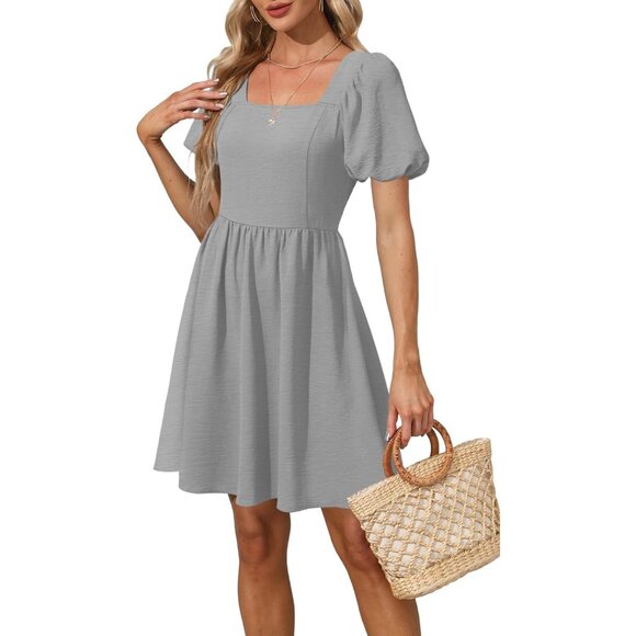 Ofeefan Women Grey Puff Sleeve Square Neck Tie in Back Dresses with Zipper - Picture 3 of 4